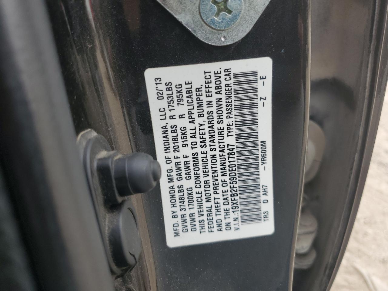 2013 Honda Civic Lx VIN: 19XFB2F59DE017847 Lot: 82436995