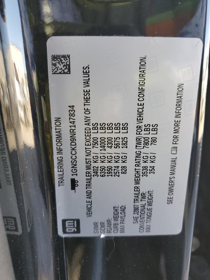 2022 Chevrolet Suburban C1500 Lt VIN: 1GNSCCKD9NR147834 Lot: 84473785