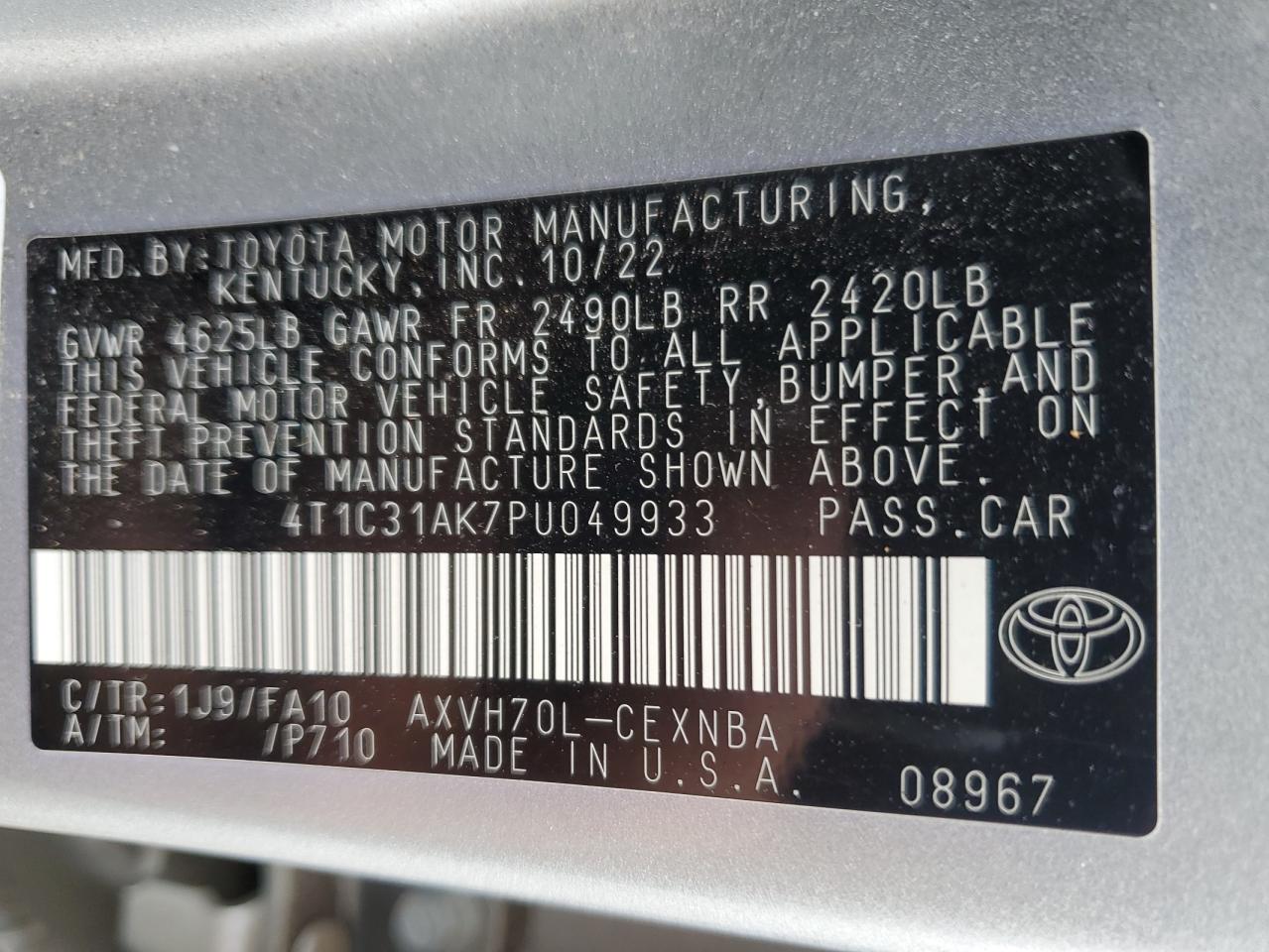 2023 Toyota Camry Le VIN: 4T1C31AK7PU049933 Lot: 85294005