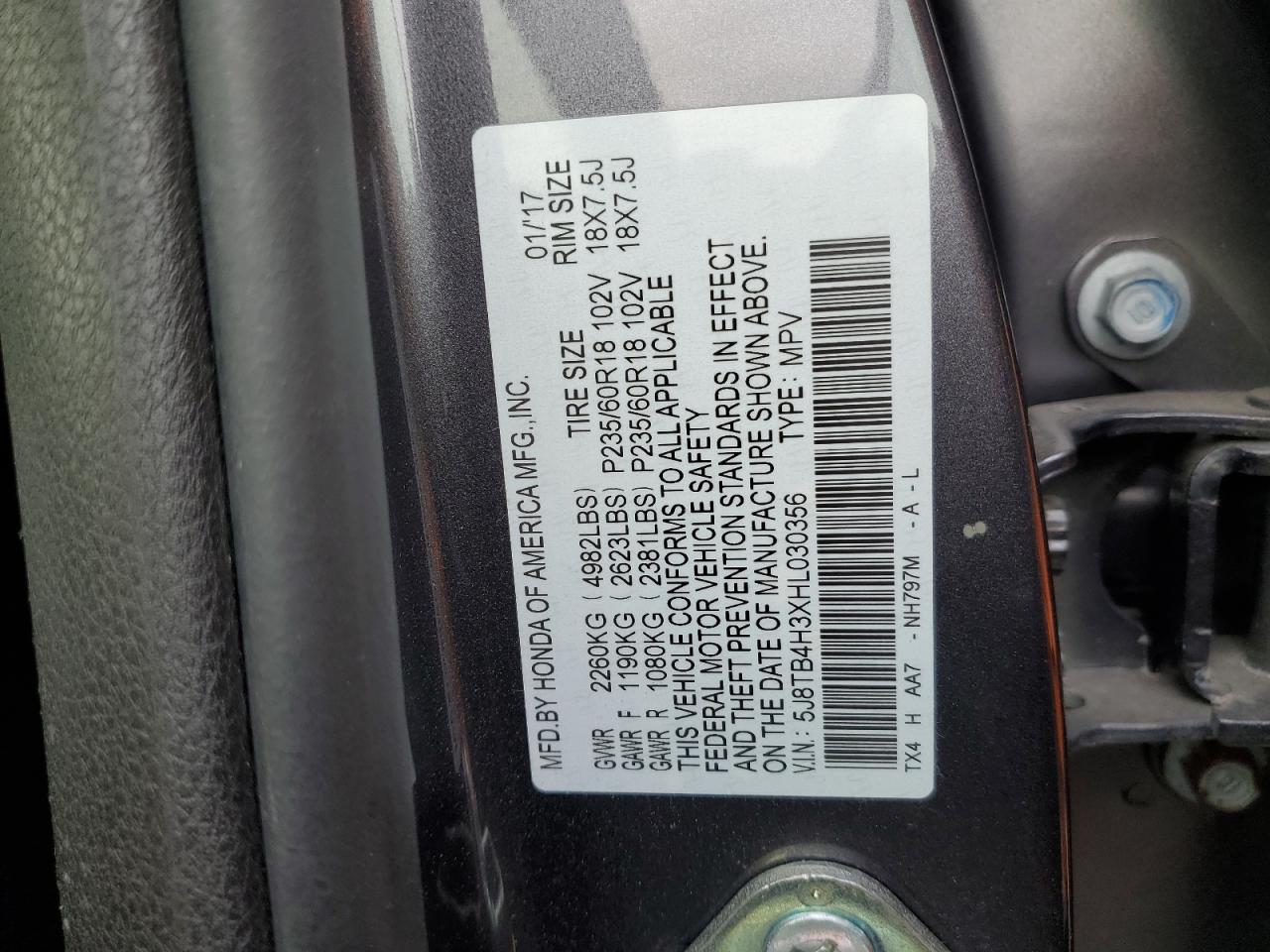 2017 Acura Rdx VIN: 5J8TB4H3XHL030356 Lot: 90143025