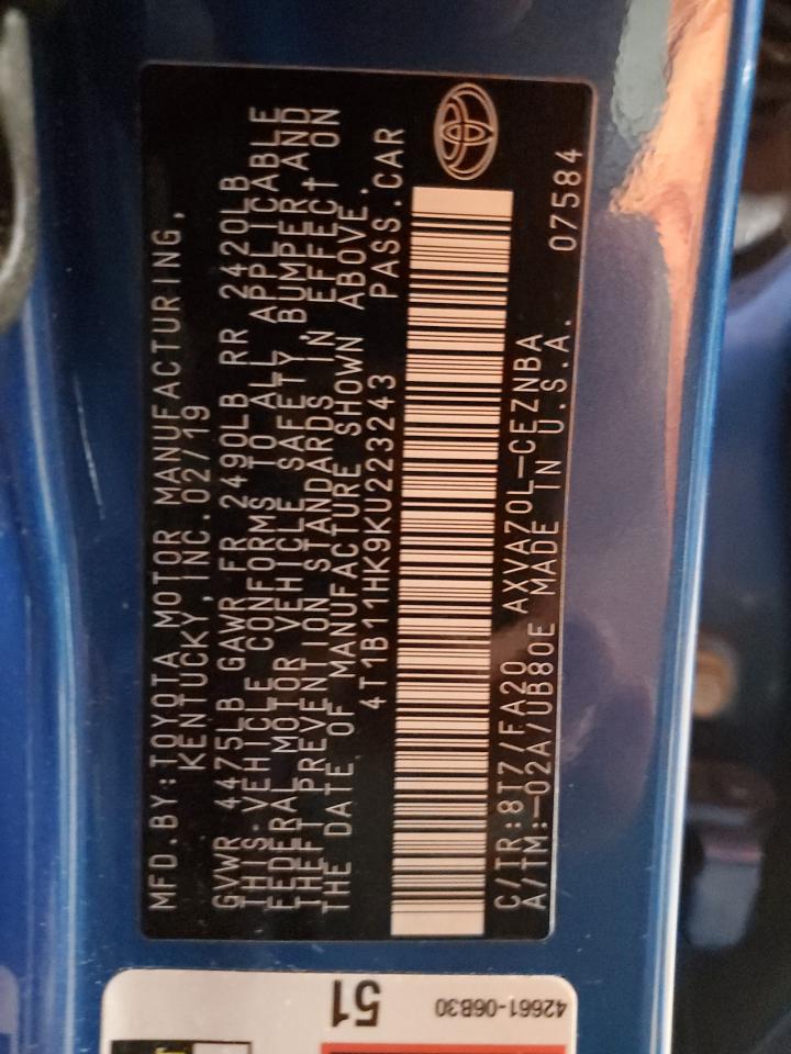 2019 Toyota Camry L VIN: 4T1B11HK9KU223243 Lot: 86264145