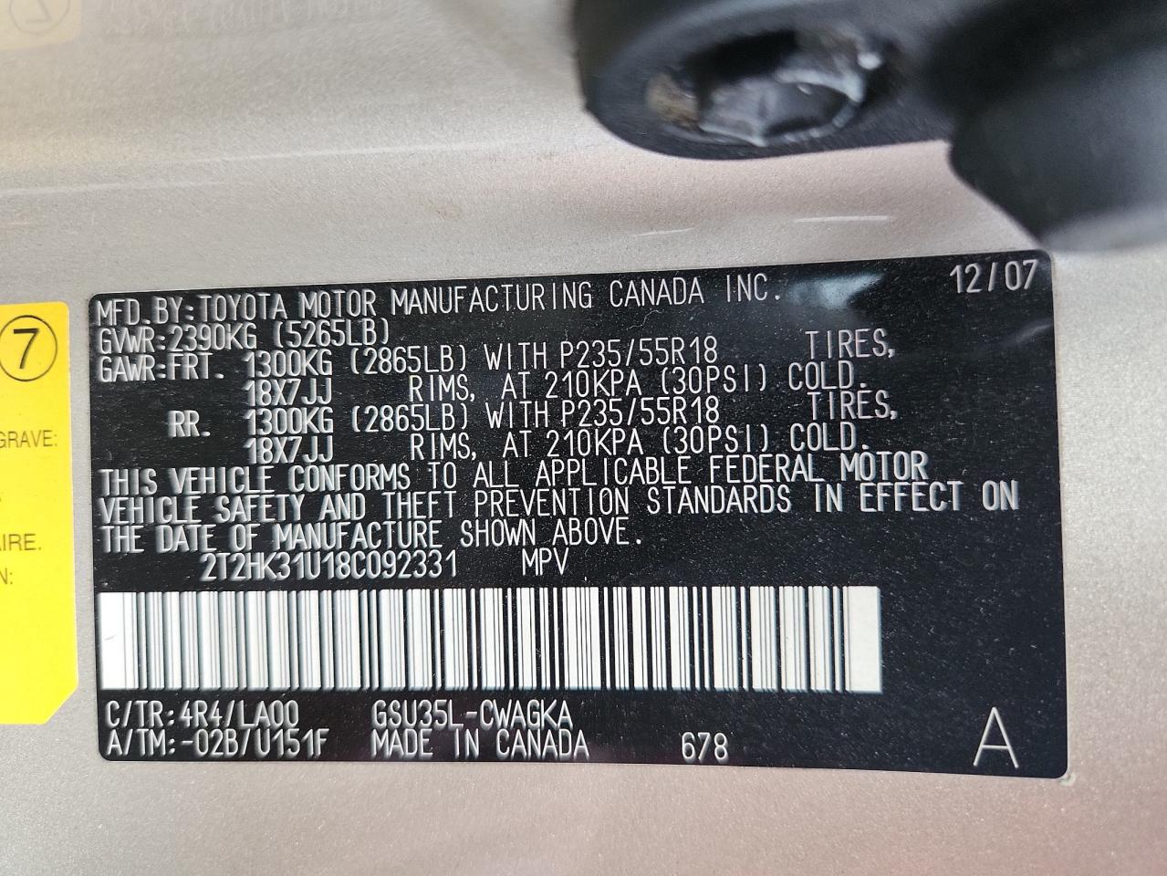 2008 Lexus Rx 350 VIN: 2T2HK31U18C092331 Lot: 85583035