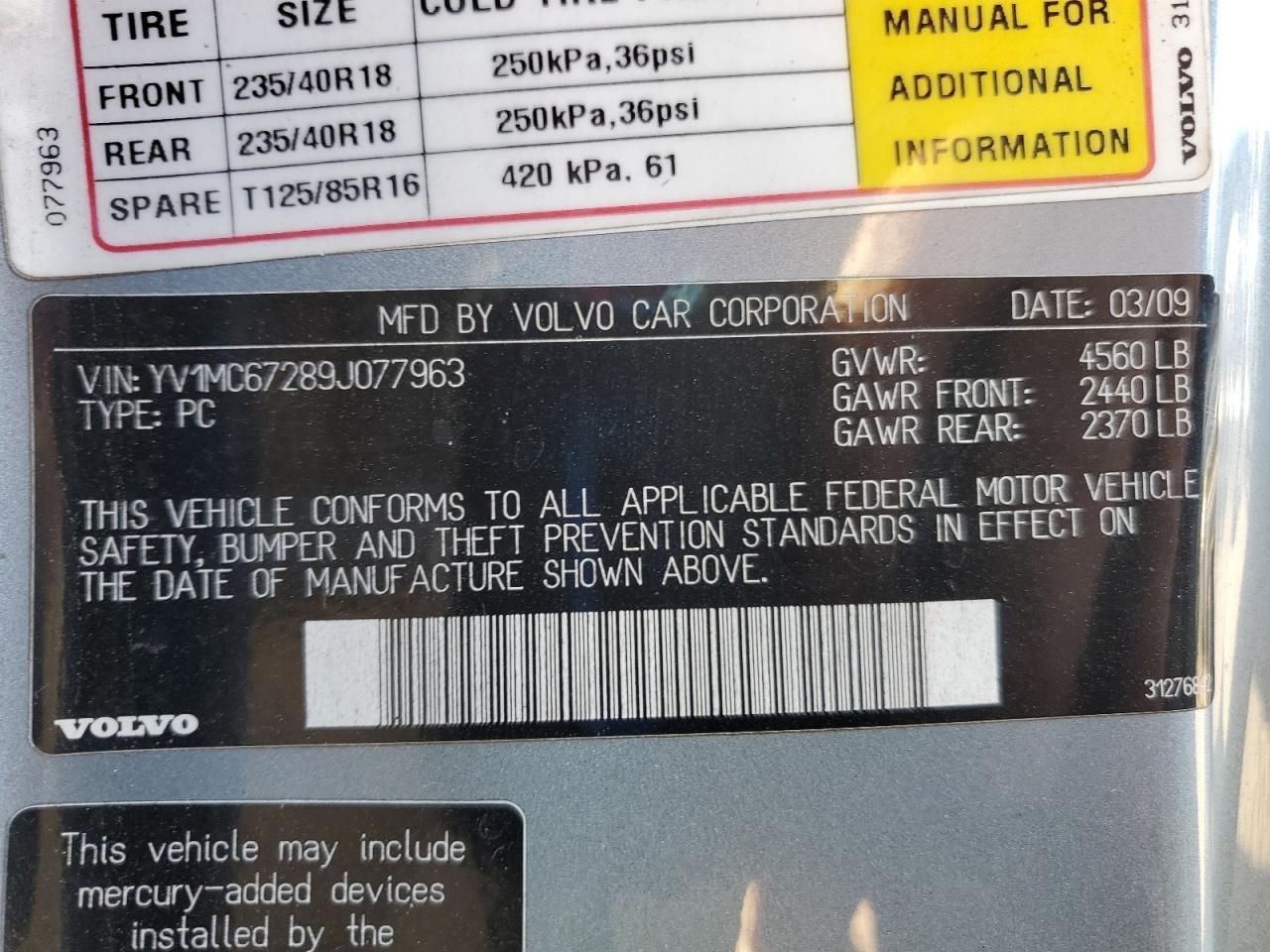 2009 Volvo C70 T5 VIN: YV1MC67289J077963 Lot: 85083025