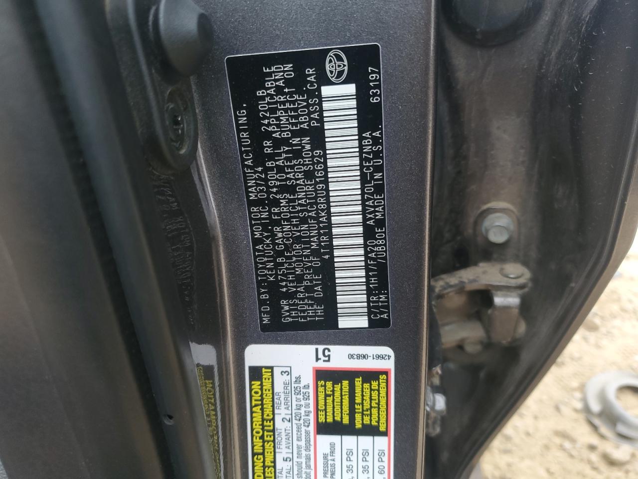 2024 Toyota Camry Le VIN: 4T1R11AK8RU916629 Lot: 85136475