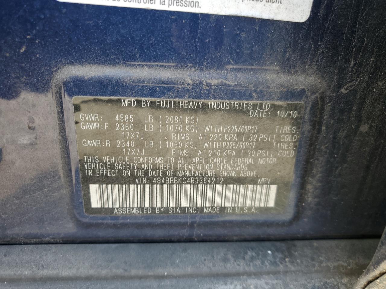 2011 Subaru Outback 2.5I Limited VIN: 4S4BRBKC4B3364212 Lot: 86619355