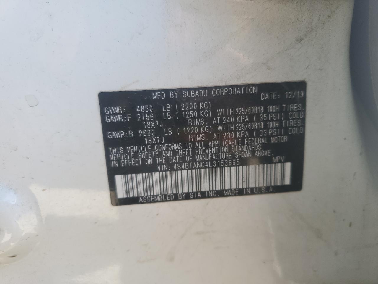 2020 Subaru Outback Limited VIN: 4S4BTANC4L3153665 Lot: 85538695