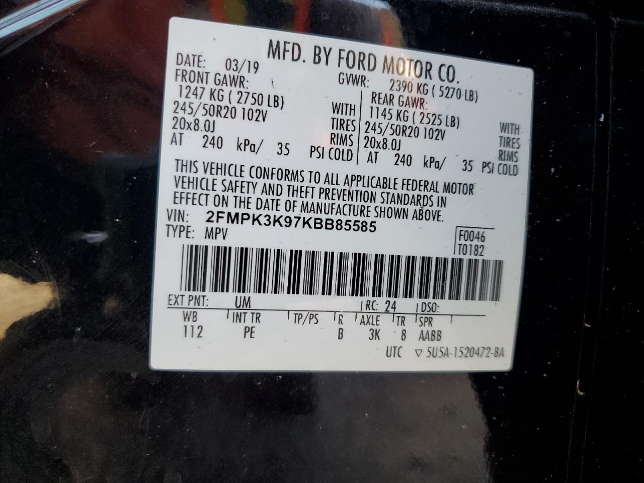 2019 Ford Edge Titanium VIN: 2FMPK3K97KBB85585 Lot: 84958245