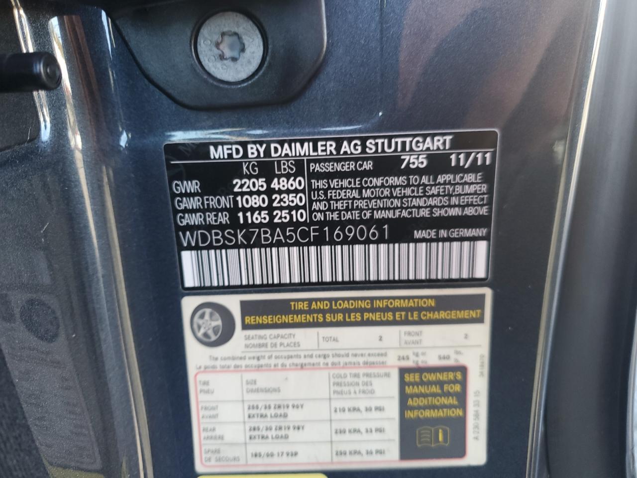 2012 Mercedes-Benz Sl 550 VIN: WDBSK7BA5CF169061 Lot: 82229615