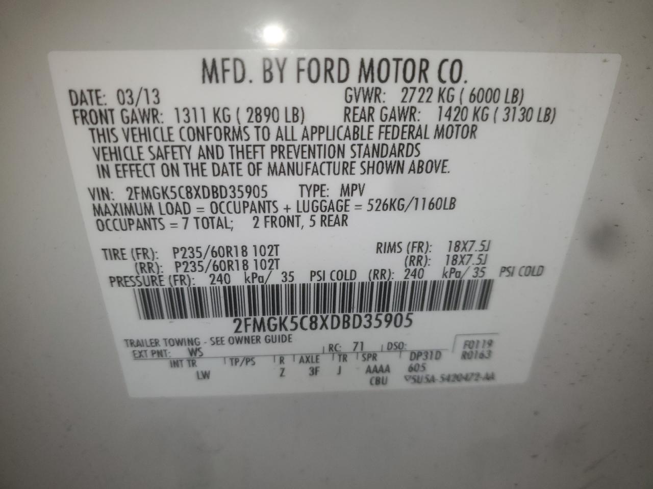 2013 Ford Flex Sel VIN: 2FMGK5C8XDBD35905 Lot: 86192565