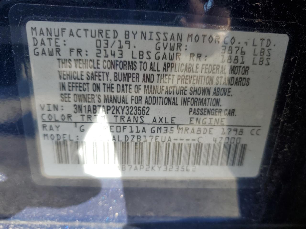 2019 Nissan Sentra S VIN: 3N1AB7AP2KY323562 Lot: 86148295