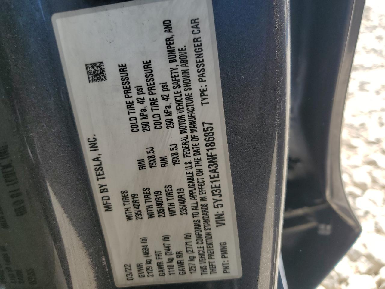 2022 Tesla Model 3 VIN: 5YJ3E1EA3NF186857 Lot: 85927905