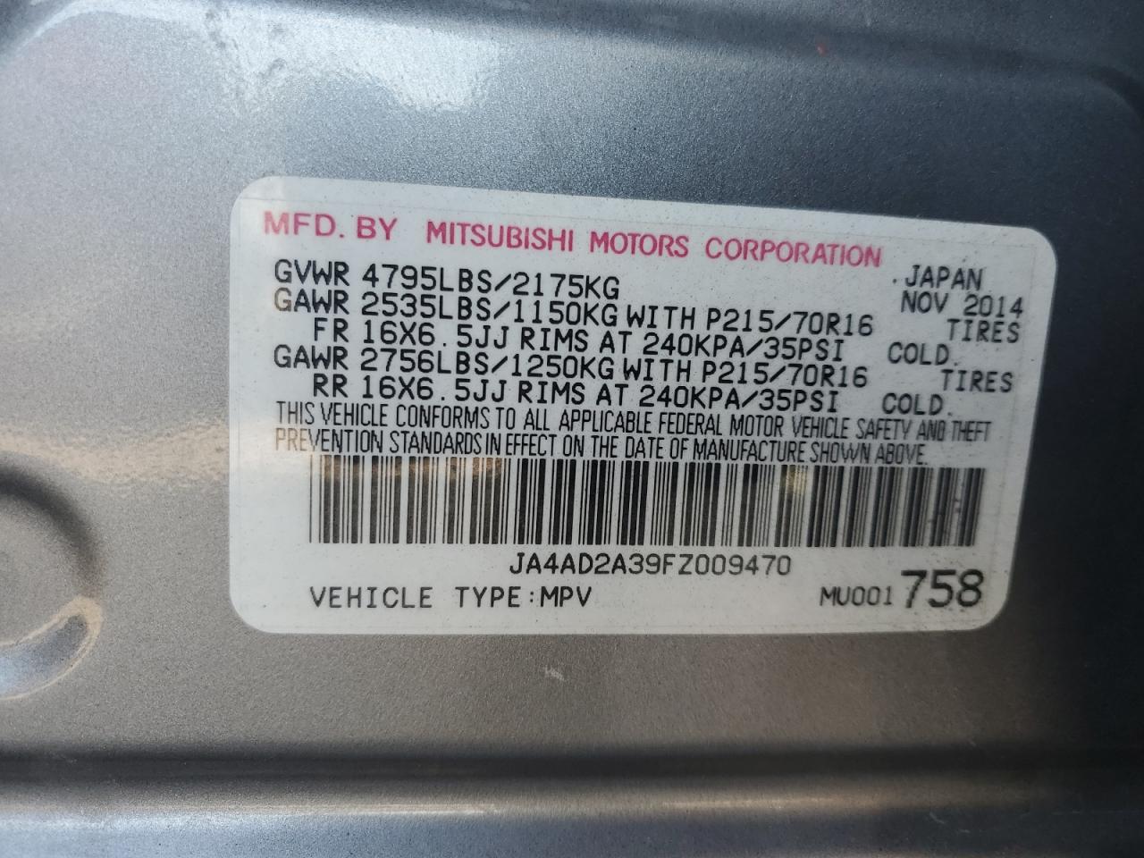 2015 Mitsubishi Outlander Es VIN: JA4AD2A39FZ009470 Lot: 85313795