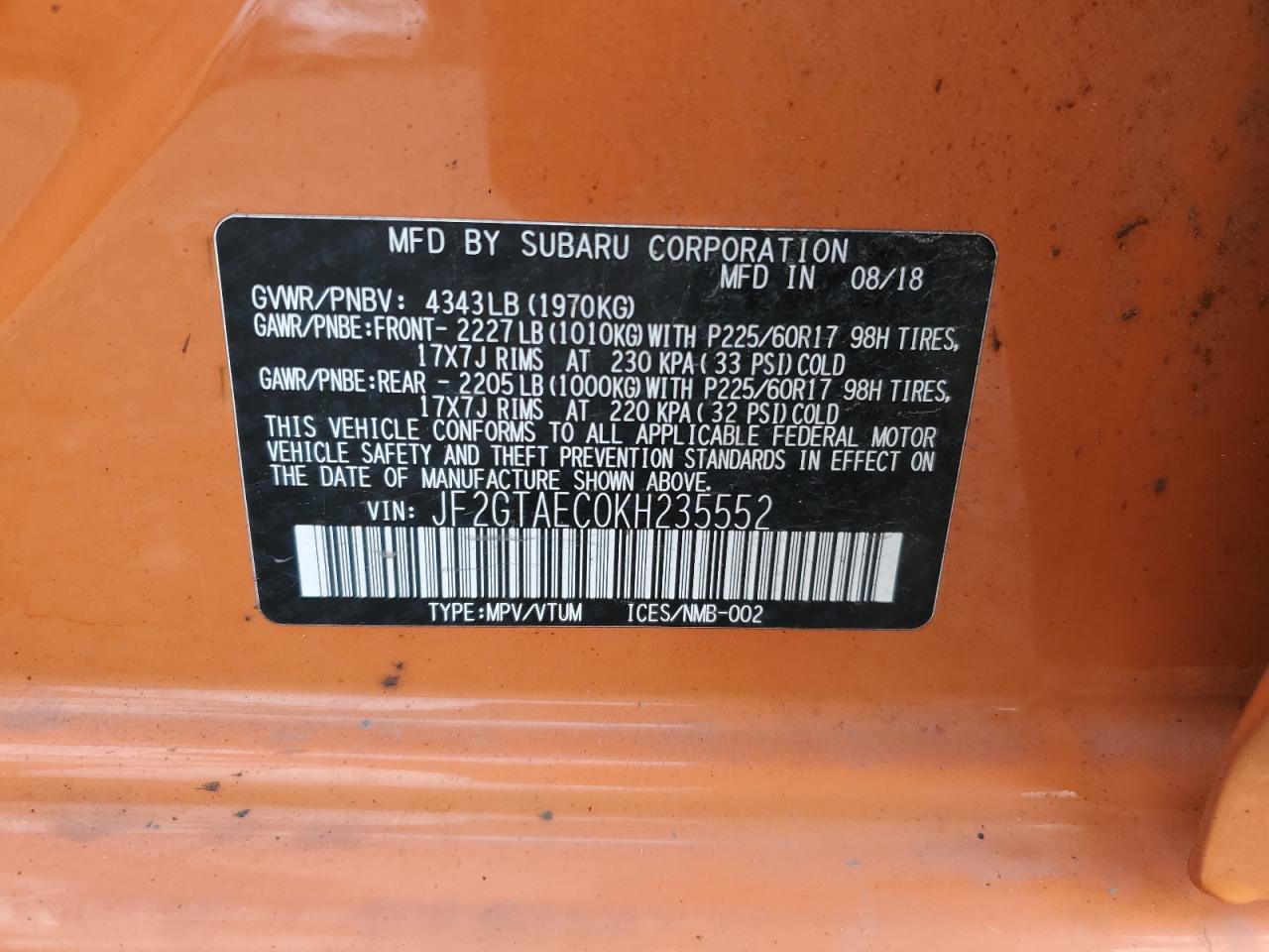 2019 Subaru Crosstrek Premium VIN: JF2GTAEC0KH235552 Lot: 82328775