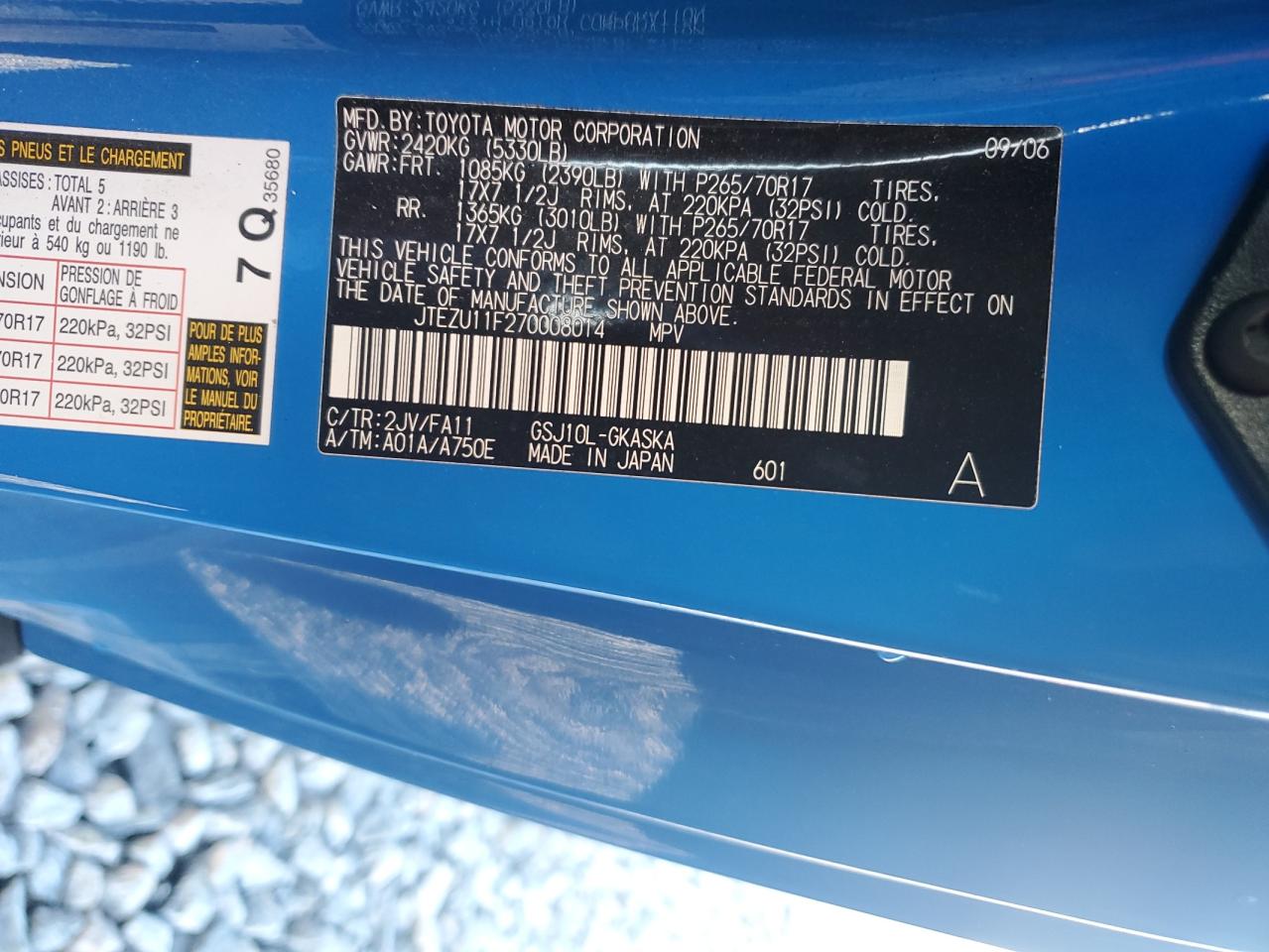 2007 Toyota Fj Cruiser VIN: JTEZU11F270008014 Lot: 90376715