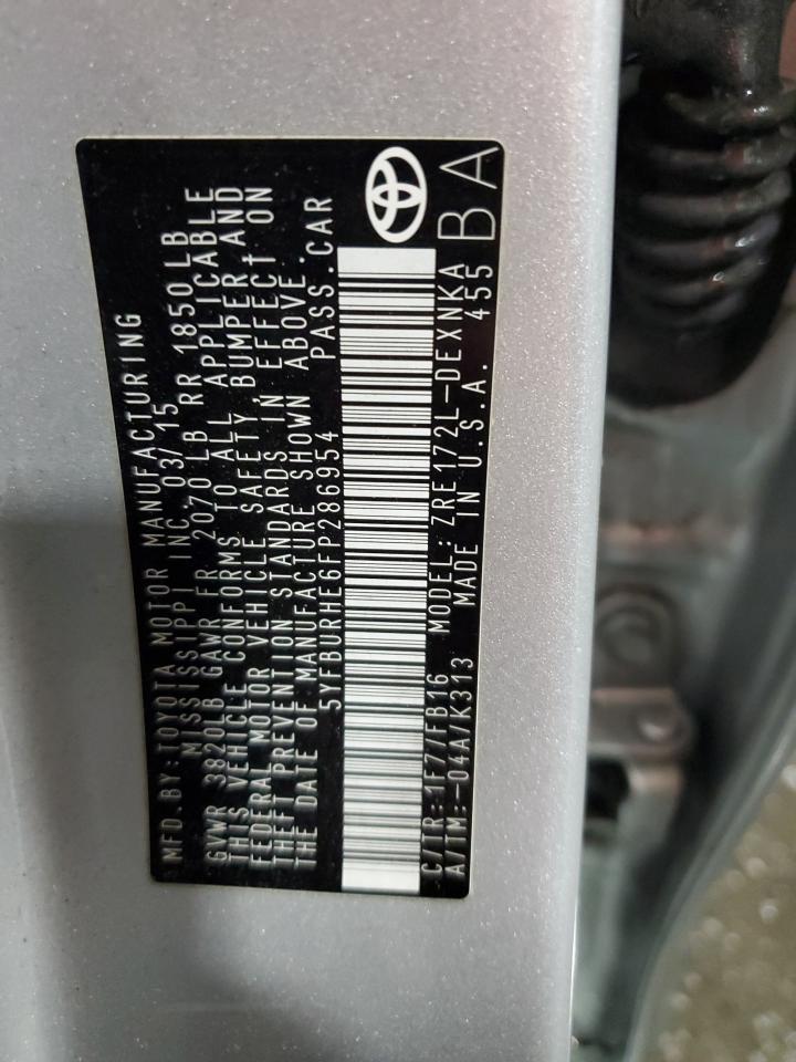 2015 Toyota Corolla L VIN: 5YFBURHE6FP286954 Lot: 85555505