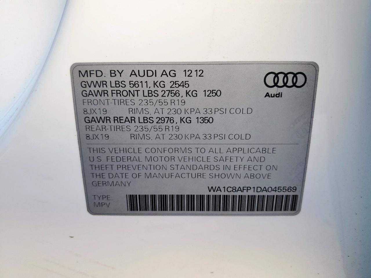 2013 Audi Q5 Premium Hybrid VIN: WA1C8AFP1DA045569 Lot: 85516775