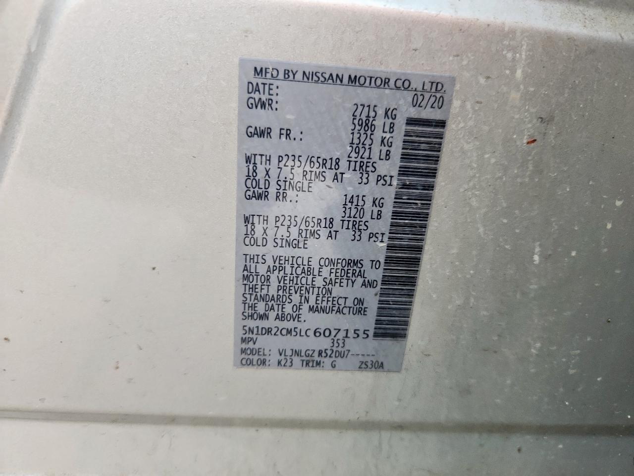 2020 Nissan Pathfinder Sl VIN: 5N1DR2CM5LC607155 Lot: 84921435