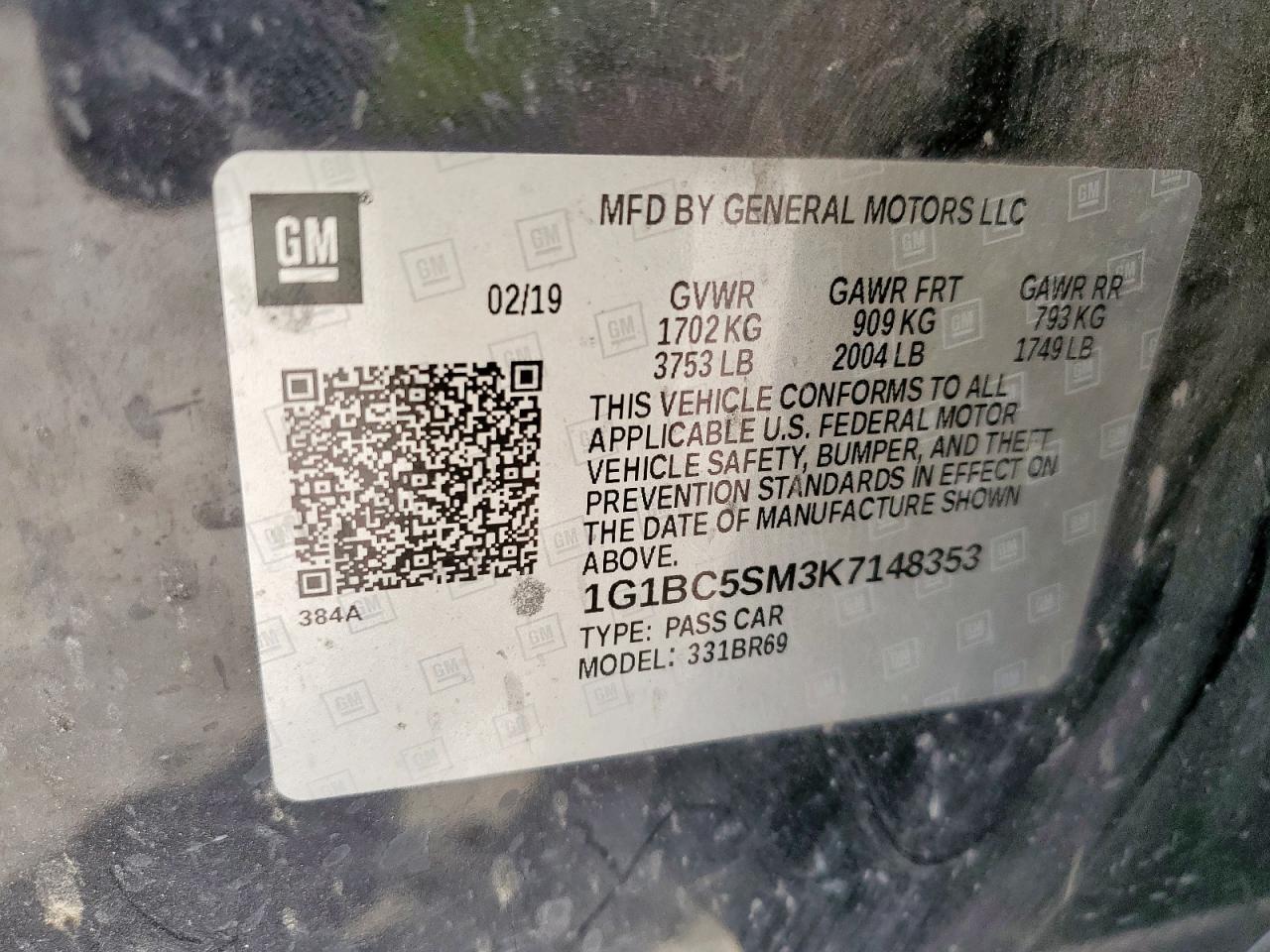 2019 Chevrolet Cruze Ls VIN: 1G1BC5SM3K7148353 Lot: 86474875