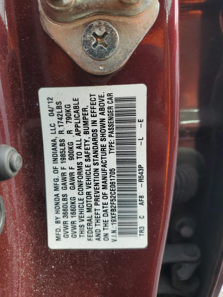 2012 Honda Civic Lx VIN: 19XFB2F52CE061705 Lot: 84747945
