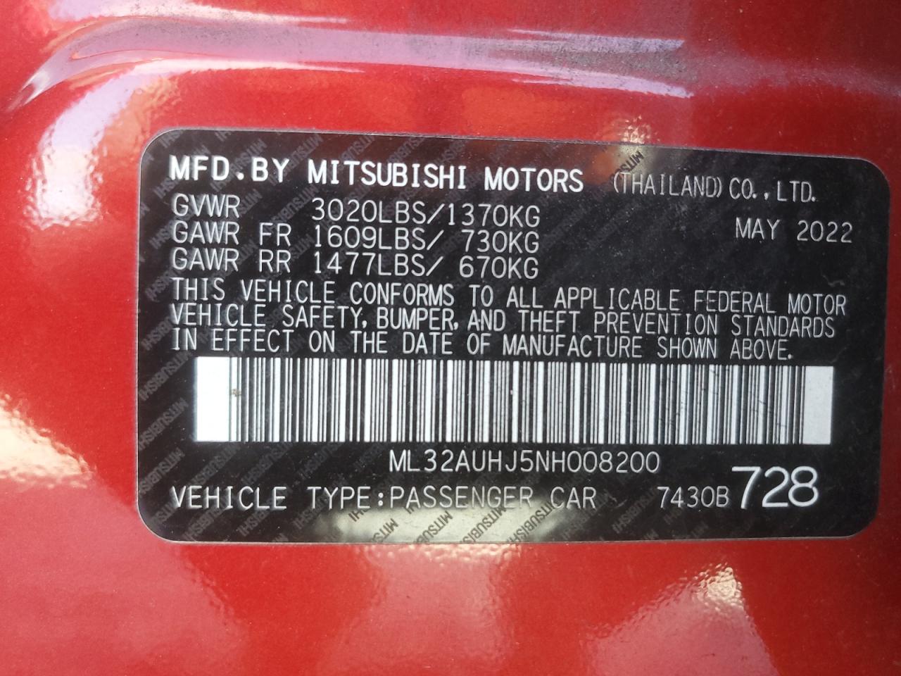 2022 Mitsubishi Mirage Es VIN: ML32AUHJ5NH008200 Lot: 85821685
