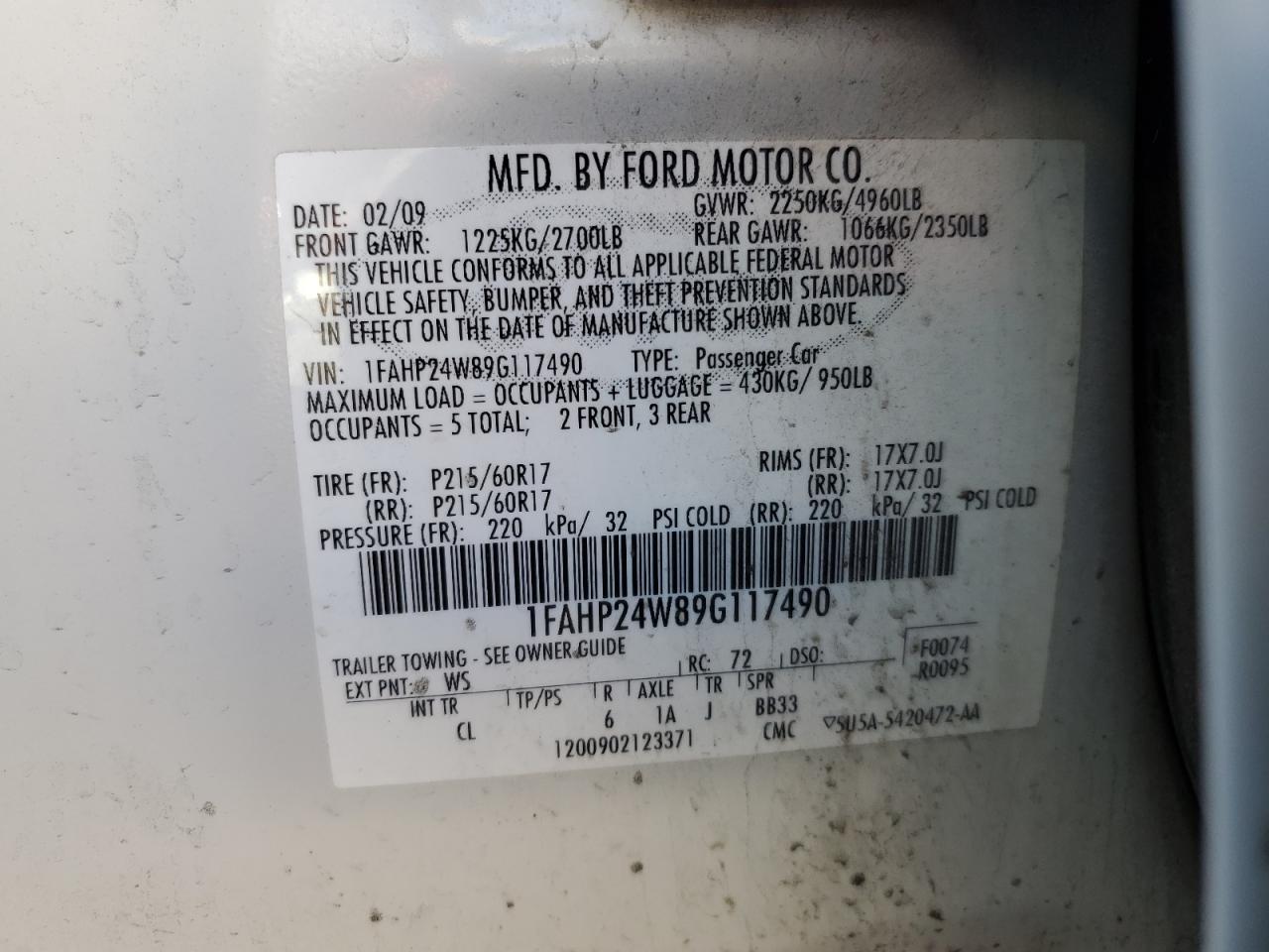 2009 Ford Taurus Sel VIN: 1FAHP24W89G117490 Lot: 90641545