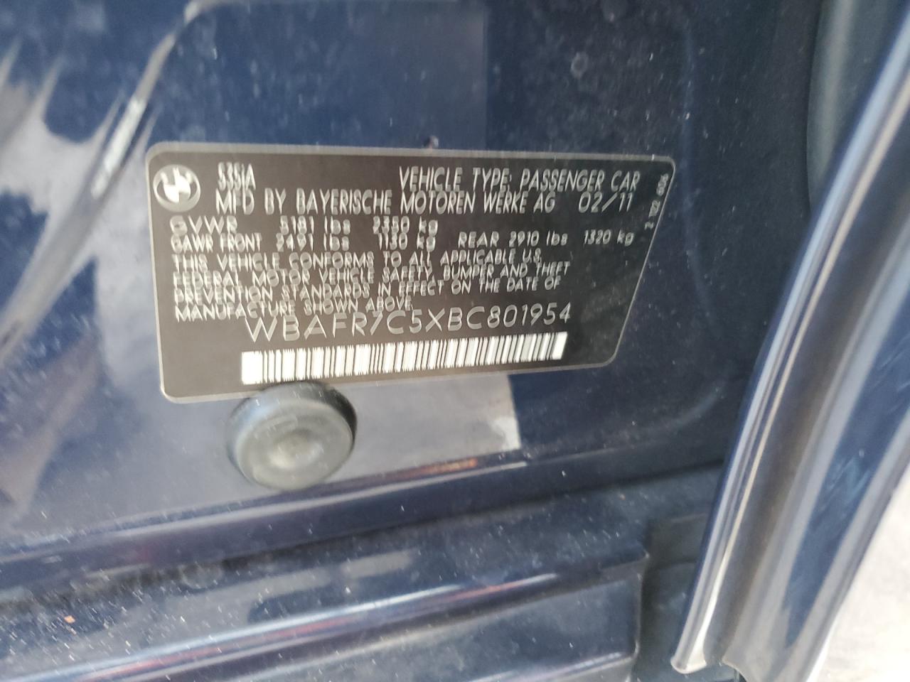 2011 BMW 535 I VIN: WBAFR7C5XBC801954 Lot: 85010815