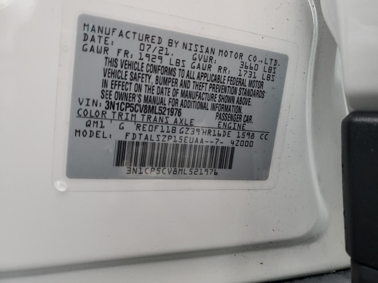 2021 Nissan Kicks Sv VIN: 3N1CP5CV8ML521976 Lot: 85599735