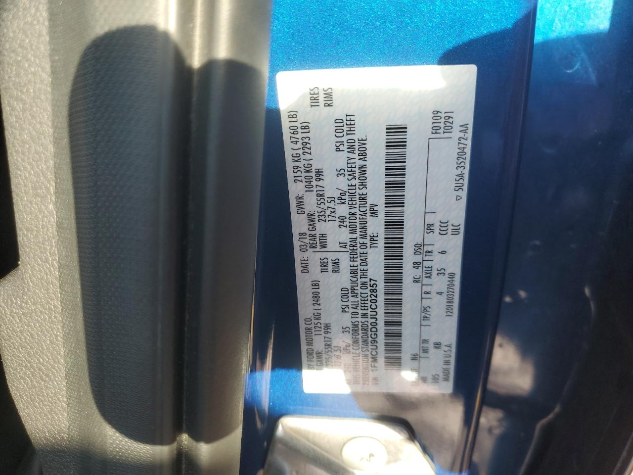 2018 Ford Escape Se VIN: 1FMCU9GD0JUC02857 Lot: 86447655