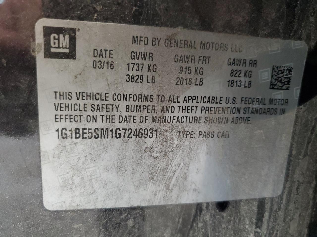 2016 Chevrolet Cruze Lt VIN: 1G1BE5SM1G7246931 Lot: 85736955