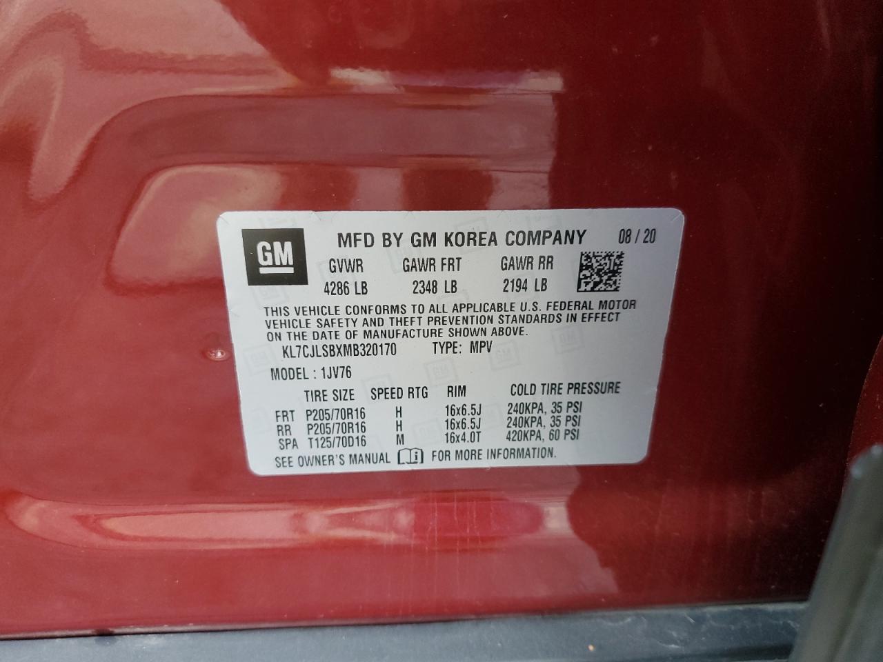 2021 Chevrolet Trax 1Lt VIN: KL7CJLSBXMB320170 Lot: 87012635