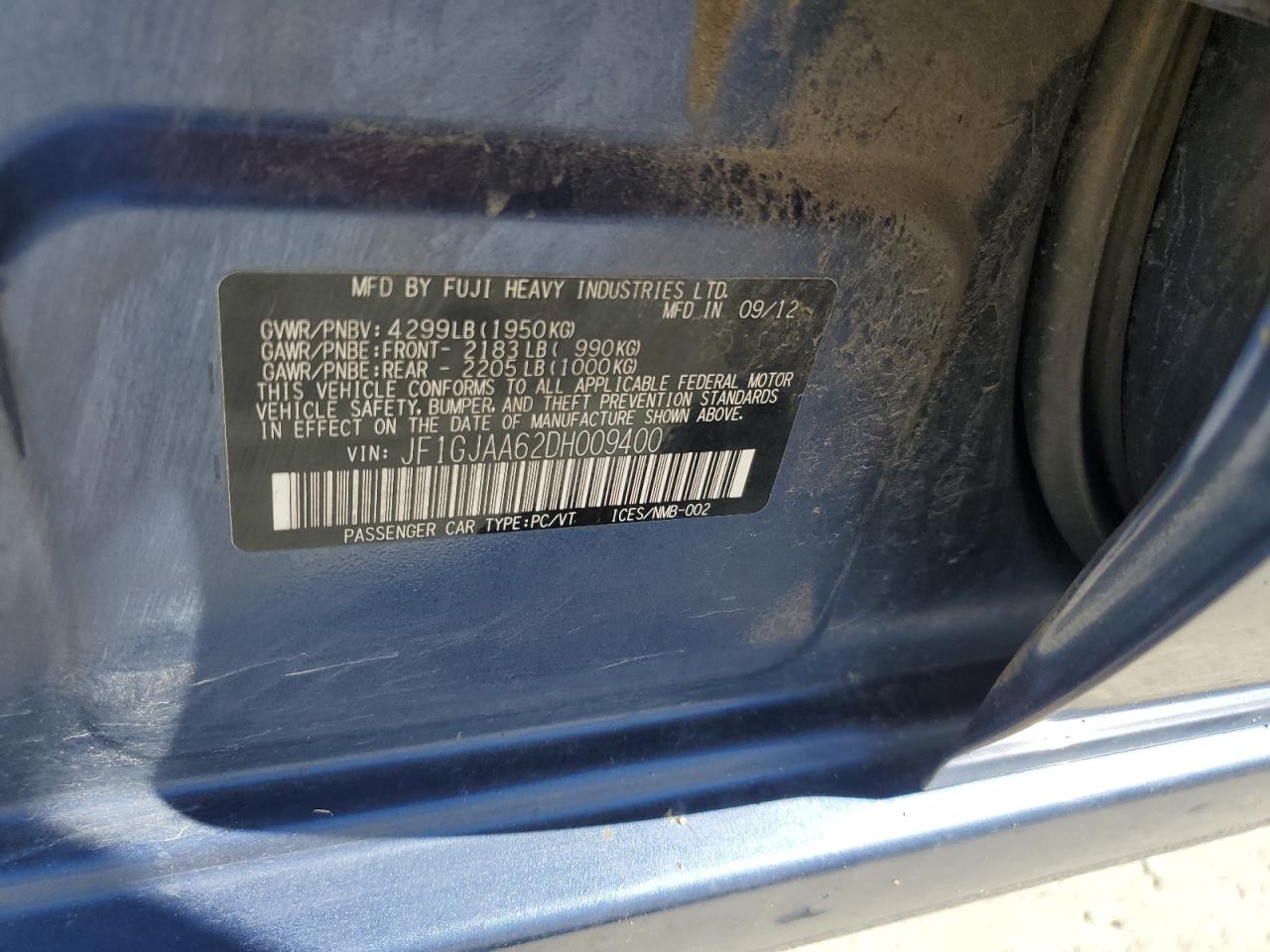 2013 Subaru Impreza VIN: JF1GJAA62DH009400 Lot: 82287865