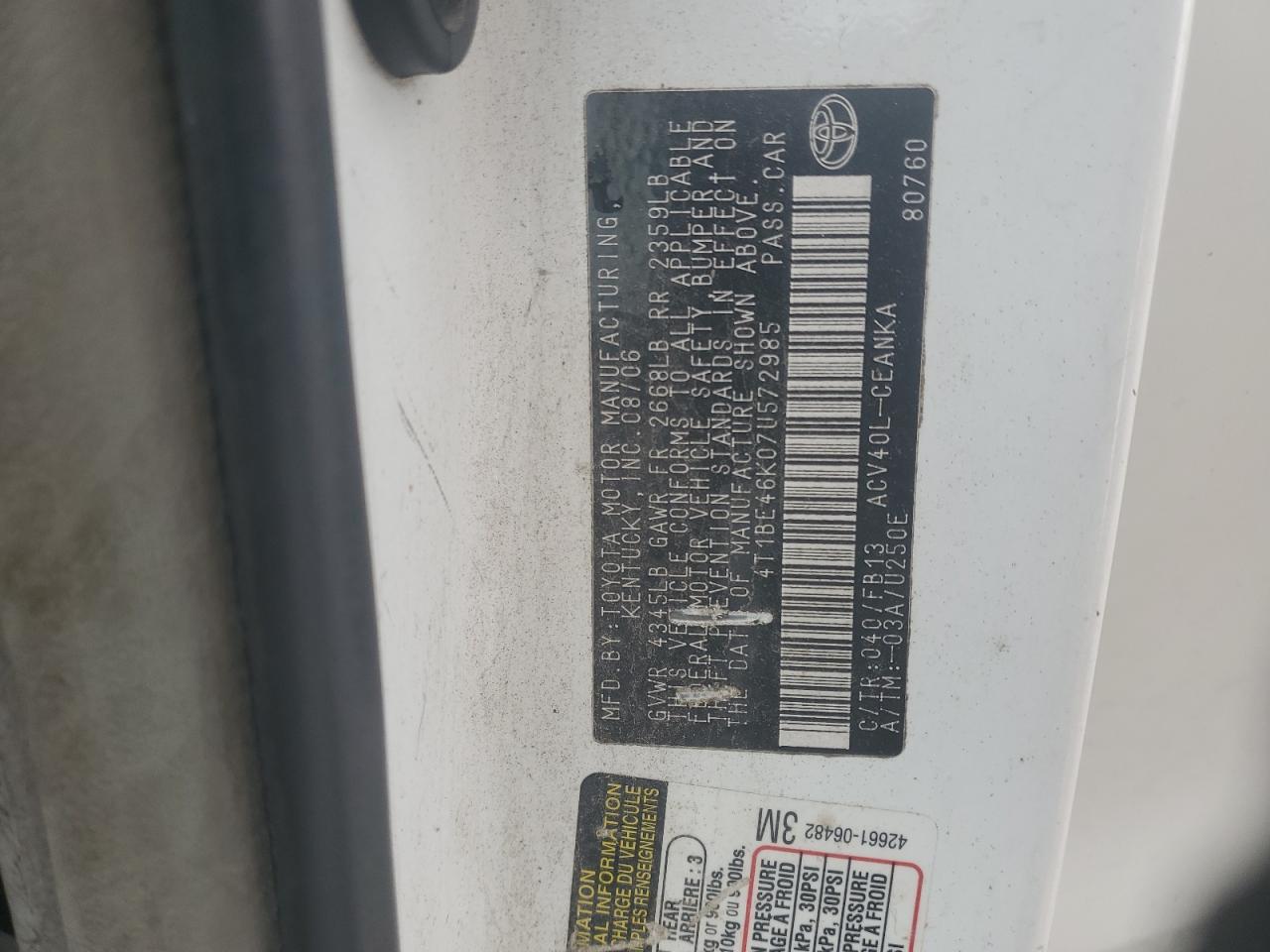 2007 Toyota Camry Ce VIN: 4T1BE46K07U572985 Lot: 82290925