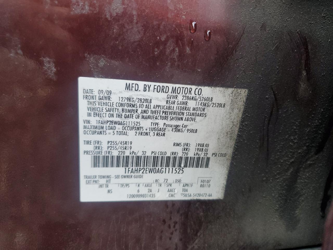2010 Ford Taurus Sel VIN: 1FAHP2EW0AG111525 Lot: 81854945