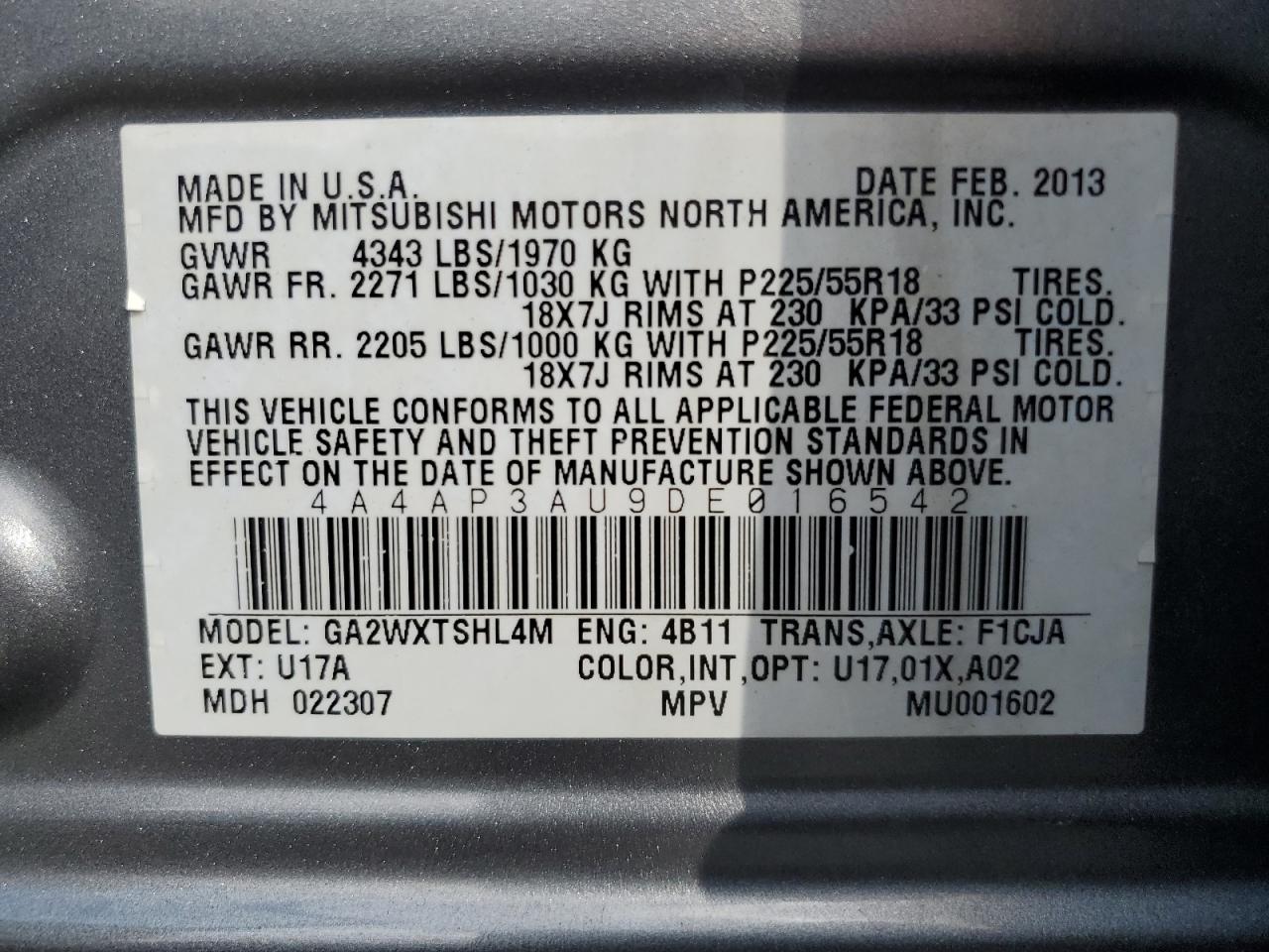2013 Mitsubishi Outlander Sport Es VIN: 4A4AP3AU9DE016542 Lot: 86162945