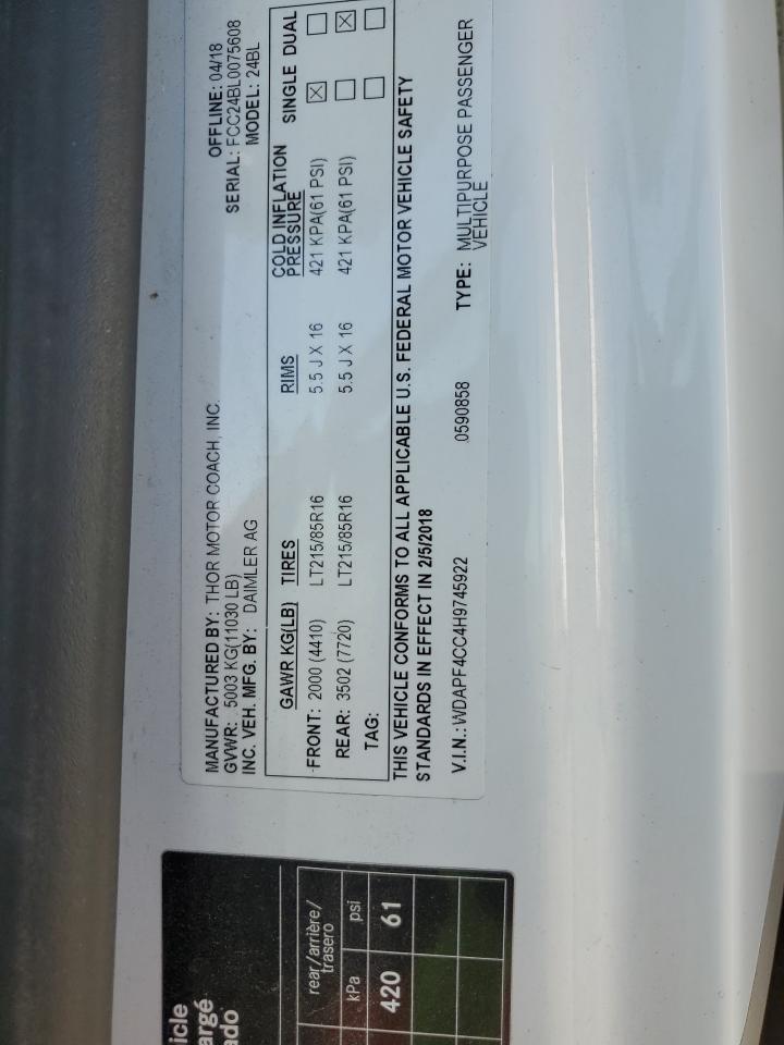 2019 Mercedes-Benz Sprinter 3500 VIN: WDAPF4CC4H9745922 Lot: 87473295