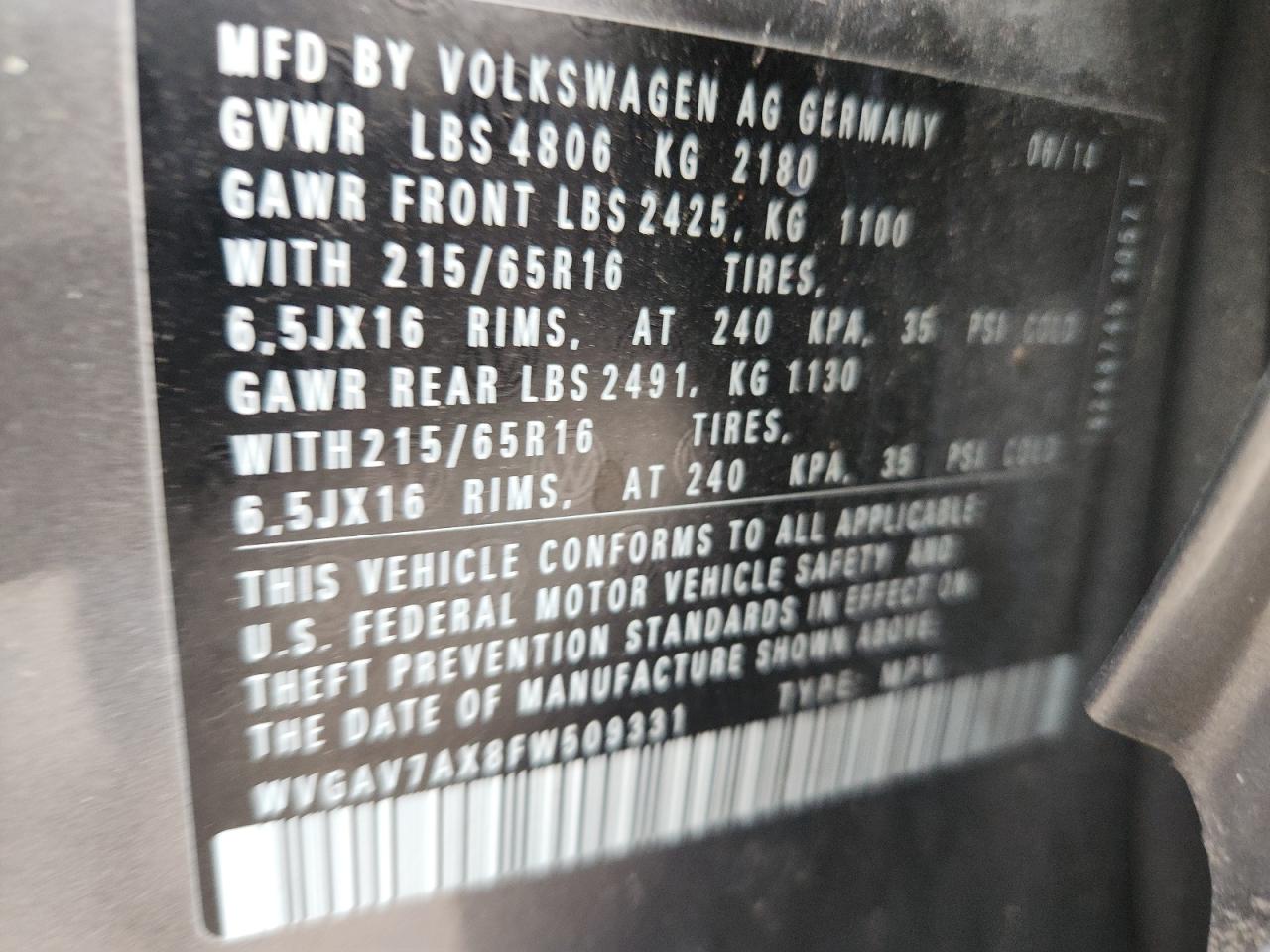 2015 Volkswagen Tiguan S VIN: WVGAV7AX8FW509331 Lot: 85101895