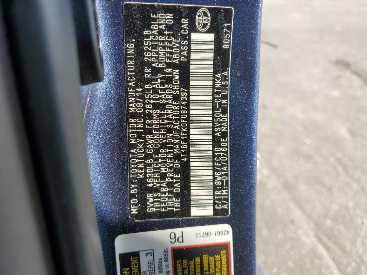 2015 Toyota Camry Le VIN: 4T1BF1FK0FU874397 Lot: 81991425