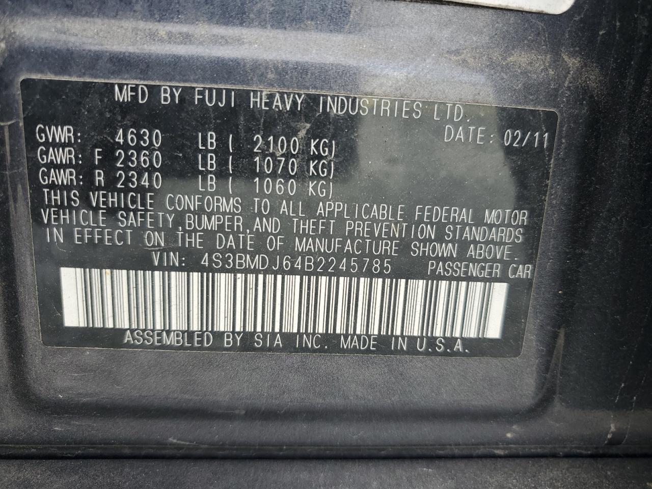 2011 Subaru Legacy 3.6R Limited VIN: 4S3BMDJ64B2245785 Lot: 82459875