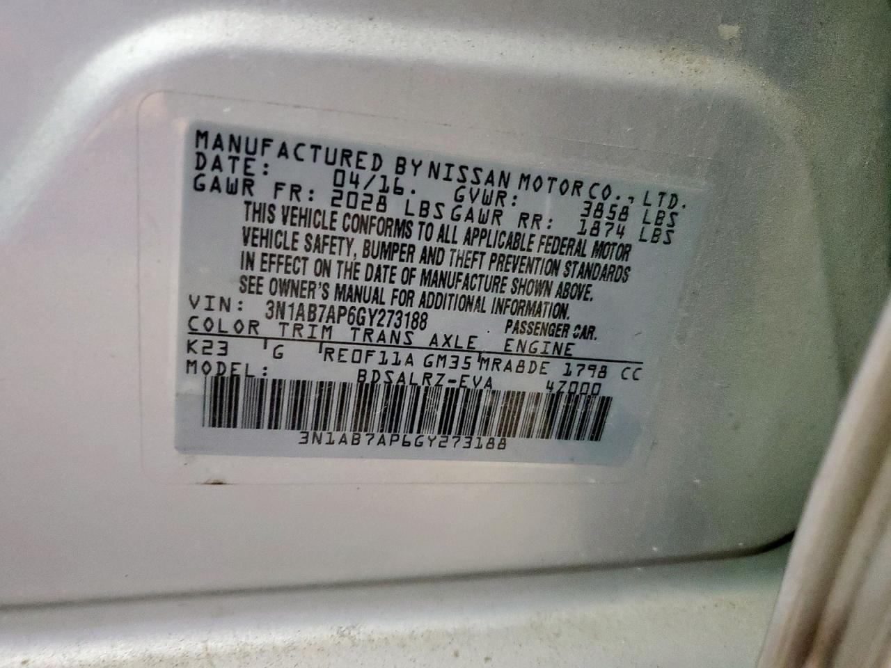 2016 Nissan Sentra S VIN: 3N1AB7AP6GY273188 Lot: 82449035