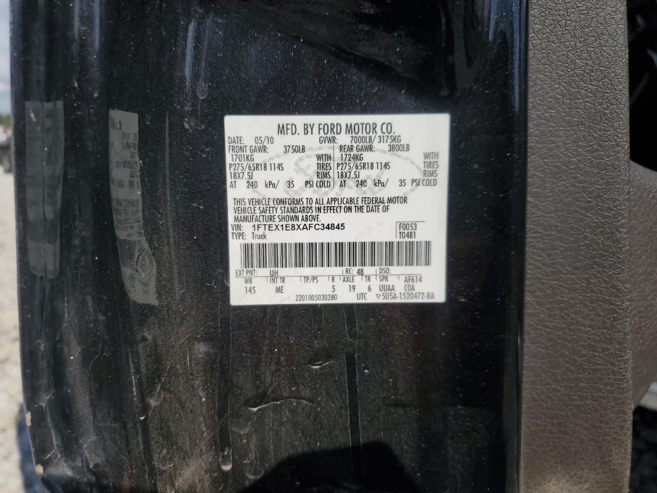 2010 Ford F150 Super Cab VIN: 1FTEX1E8XAFC34845 Lot: 82265685