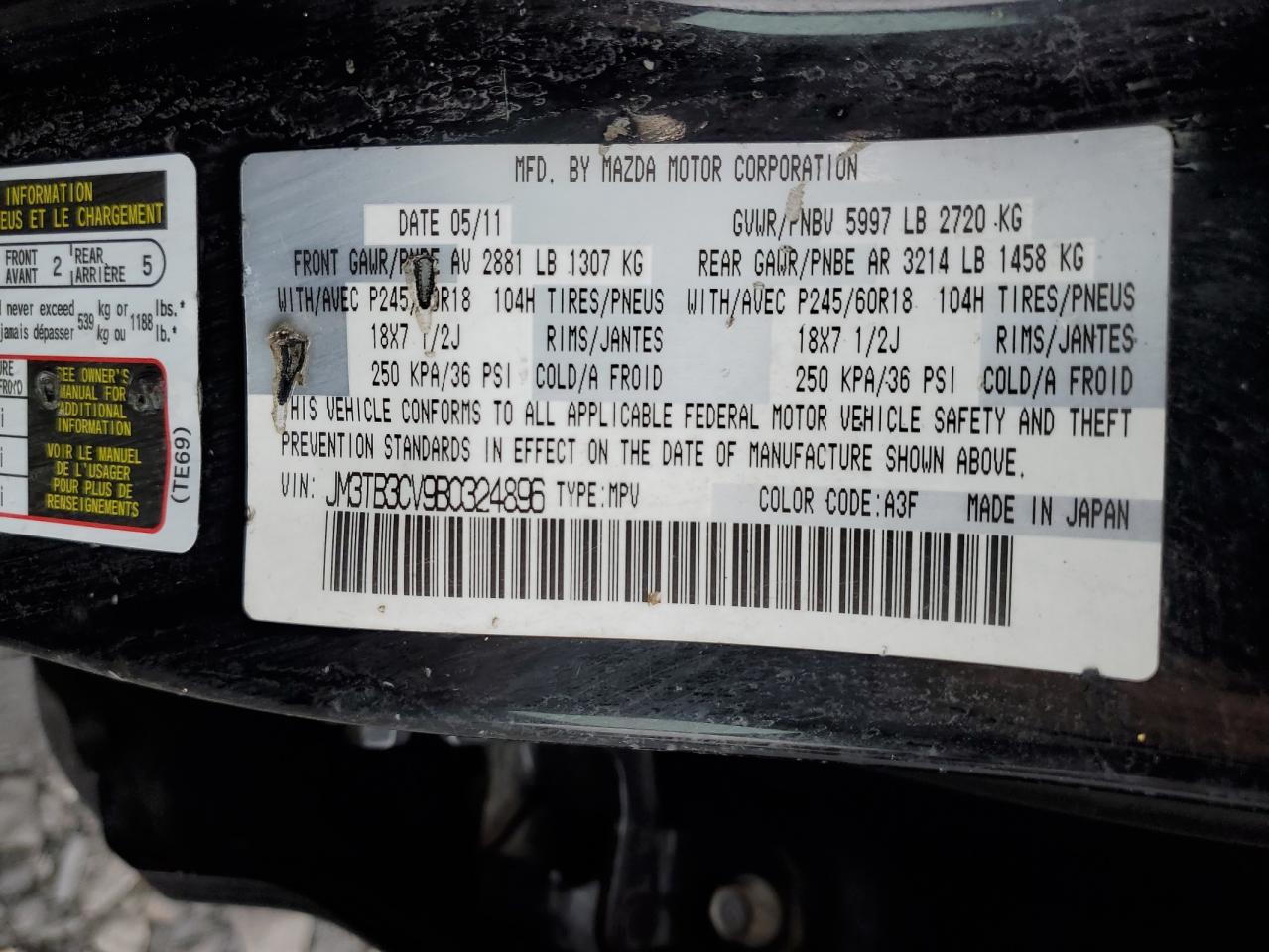 2011 Mazda Cx-9 VIN: JM3TB3CV9B0324896 Lot: 86521645