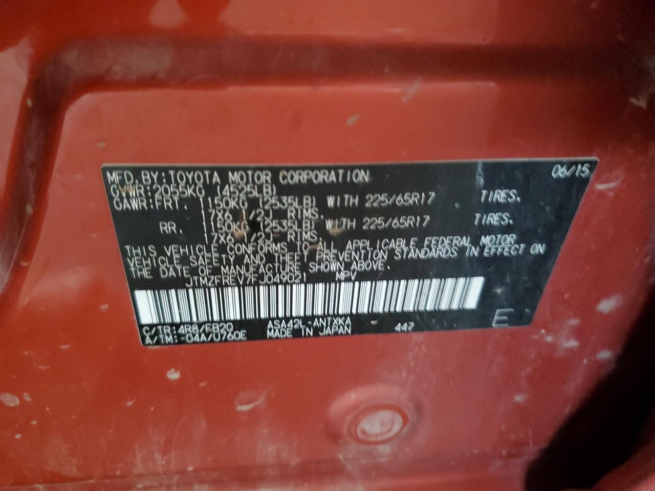 2015 Toyota Rav4 Le VIN: JTMZFREV7FJ049021 Lot: 85901235