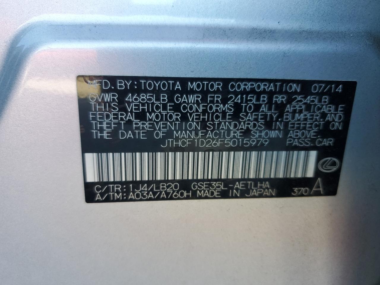 2015 Lexus Is 250 VIN: JTHCF1D26F5015979 Lot: 85341135