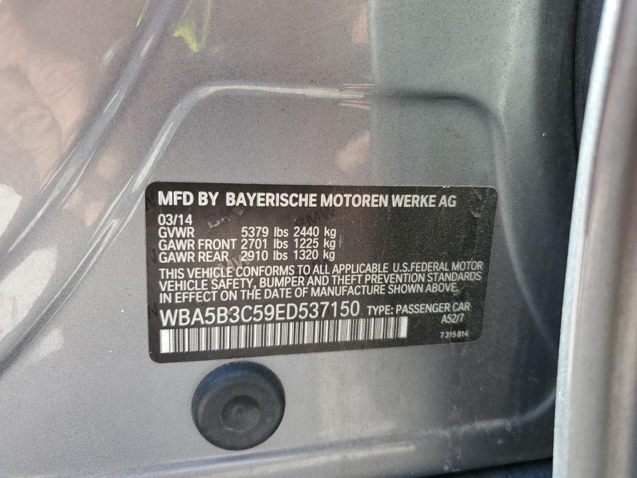 2014 BMW 535 Xi VIN: WBA5B3C59ED537150 Lot: 80298185