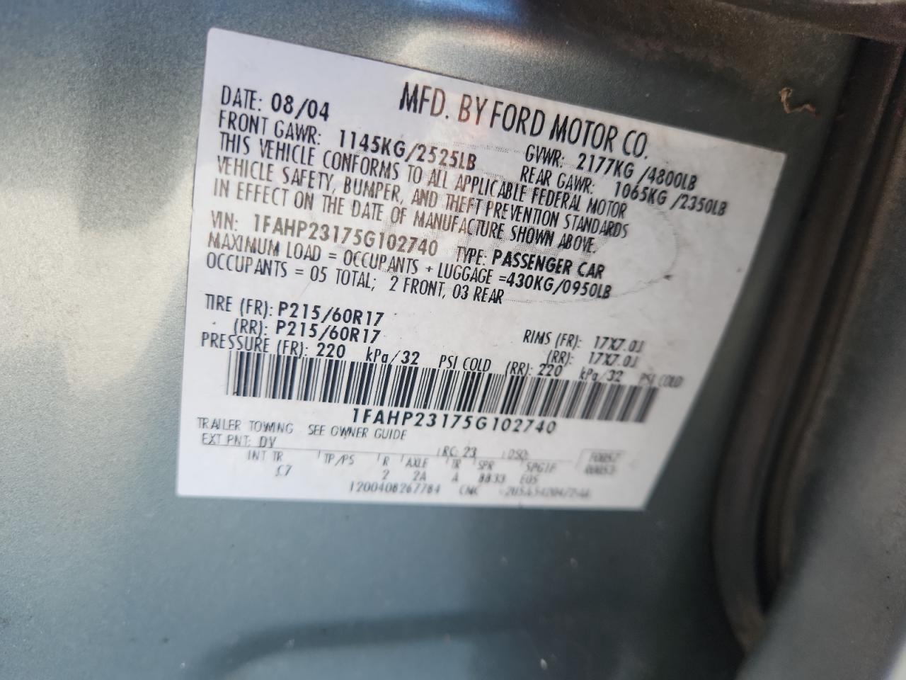 2005 Ford Five Hundred Se VIN: 1FAHP23175G102740 Lot: 84432725