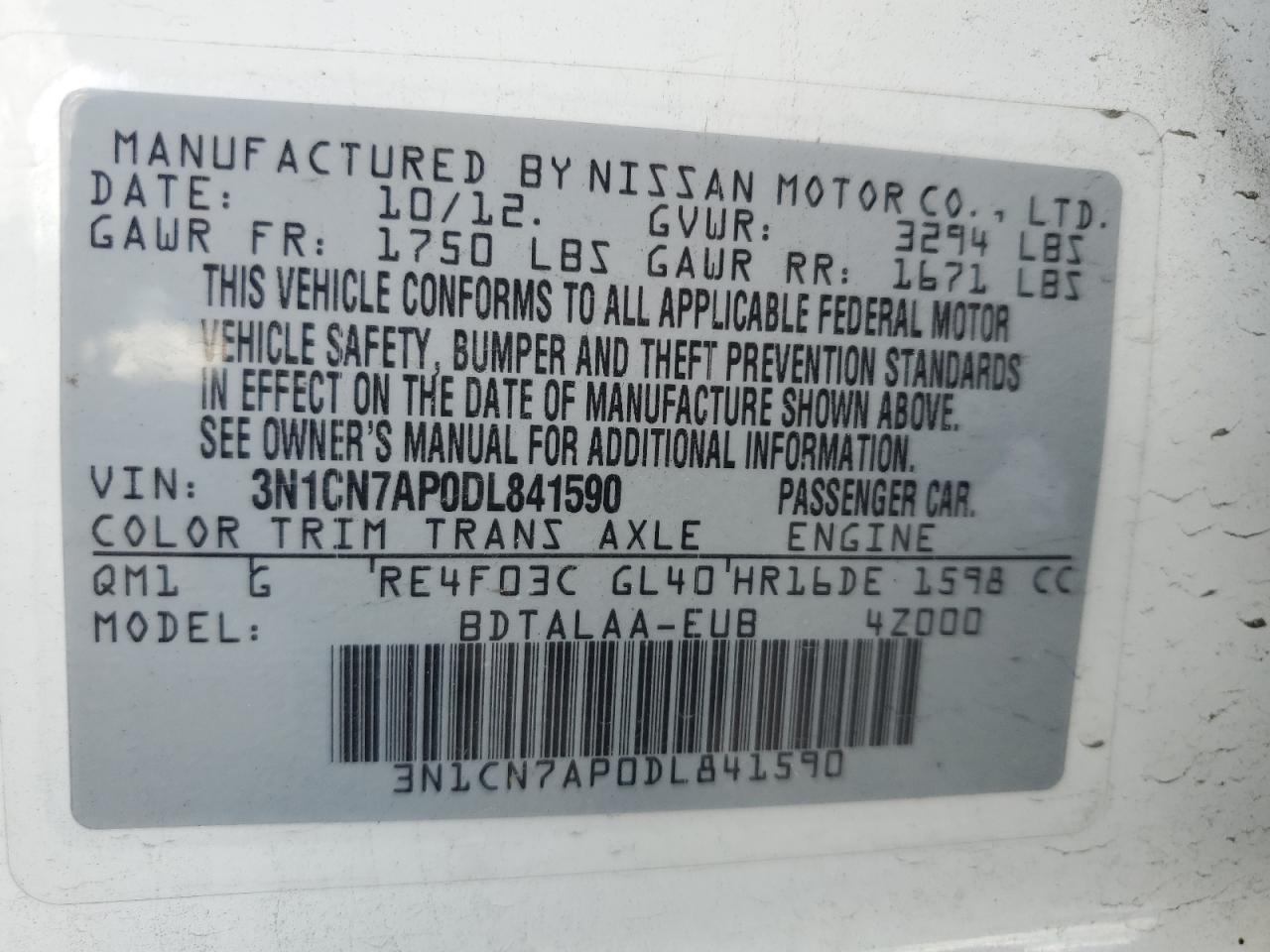 2013 Nissan Versa S VIN: 3N1CN7AP0DL841590 Lot: 82203565