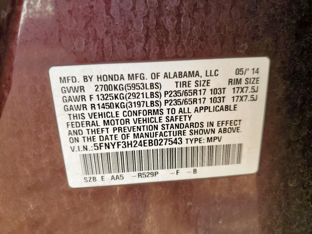 2014 Honda Pilot Lx VIN: 5FNYF3H24EB027543 Lot: 82143885