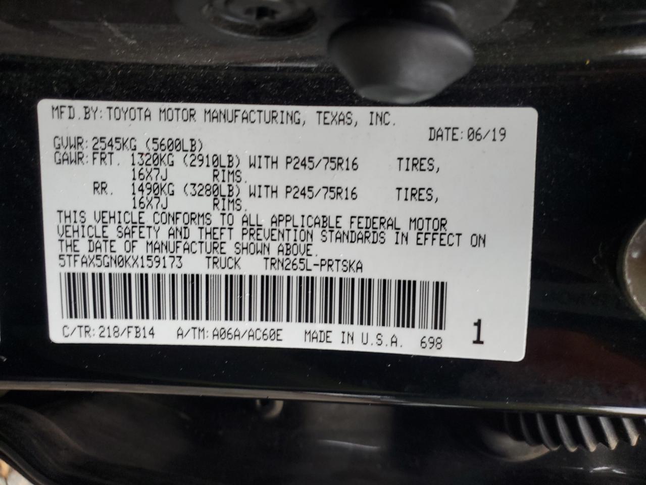 2019 Toyota Tacoma Double Cab VIN: 5TFAX5GN0KX159173 Lot: 87370795