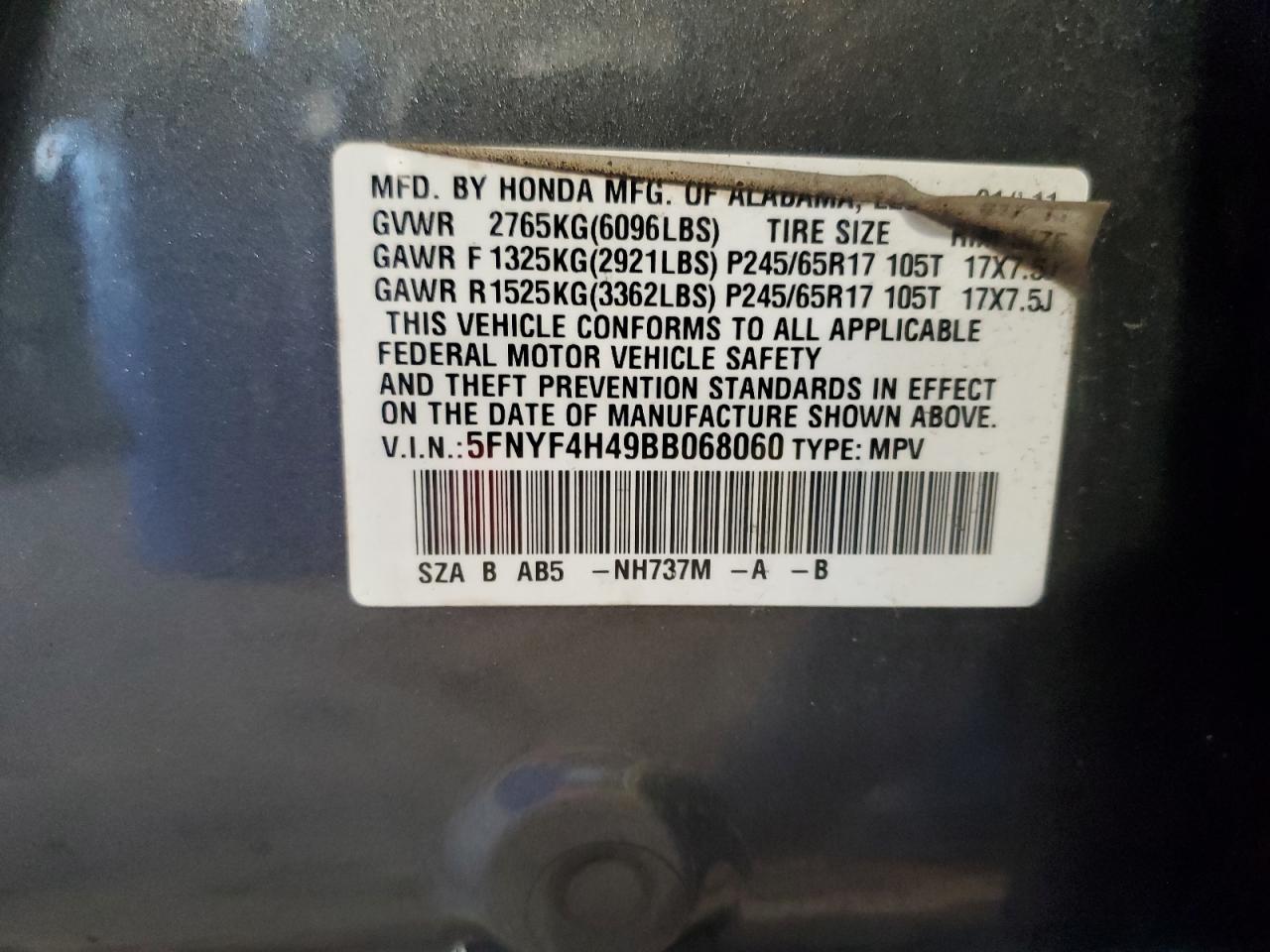 2011 Honda Pilot Ex VIN: 5FNYF4H49BB068060 Lot: 85723955