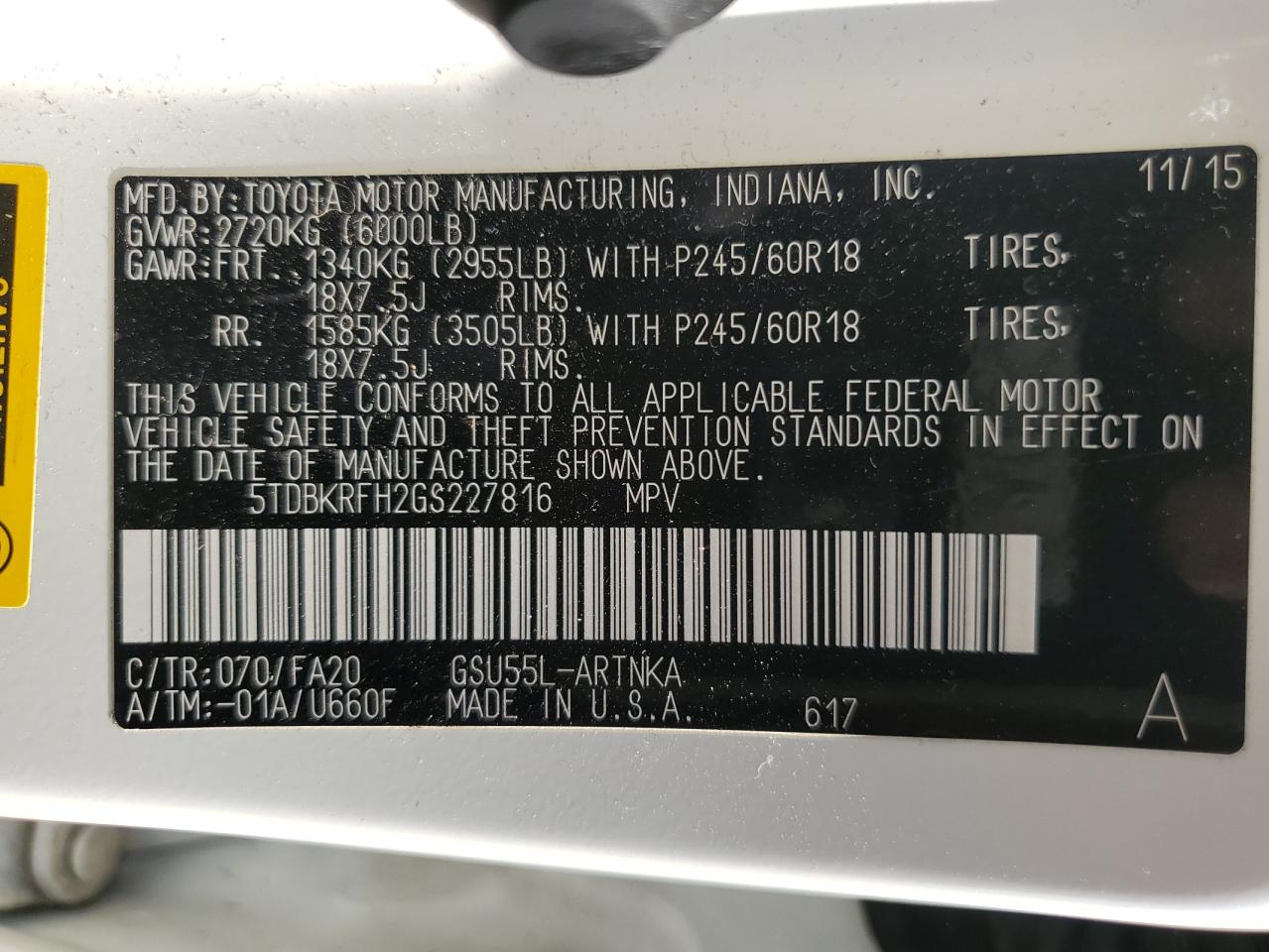 2016 Toyota Highlander Le VIN: 5TDBKRFH2GS227816 Lot: 84895255